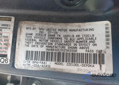 2005 Toyota Corolla Ce from USA, damaged, VIN 1NXBR32E35Z565508